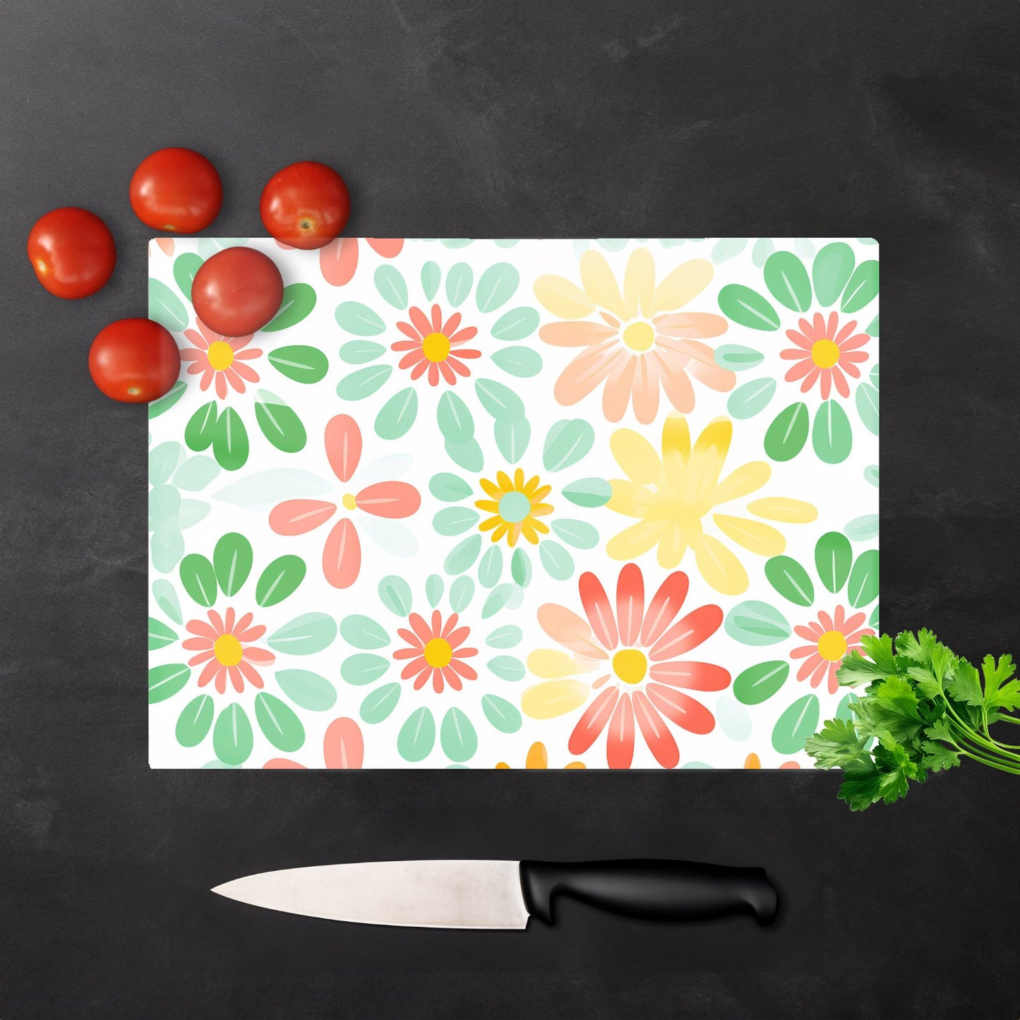 Green And Yellow Flowers Glass Chopping Board