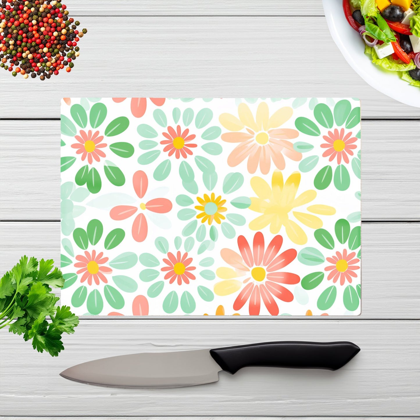 Green And Yellow Flowers Glass Chopping Board