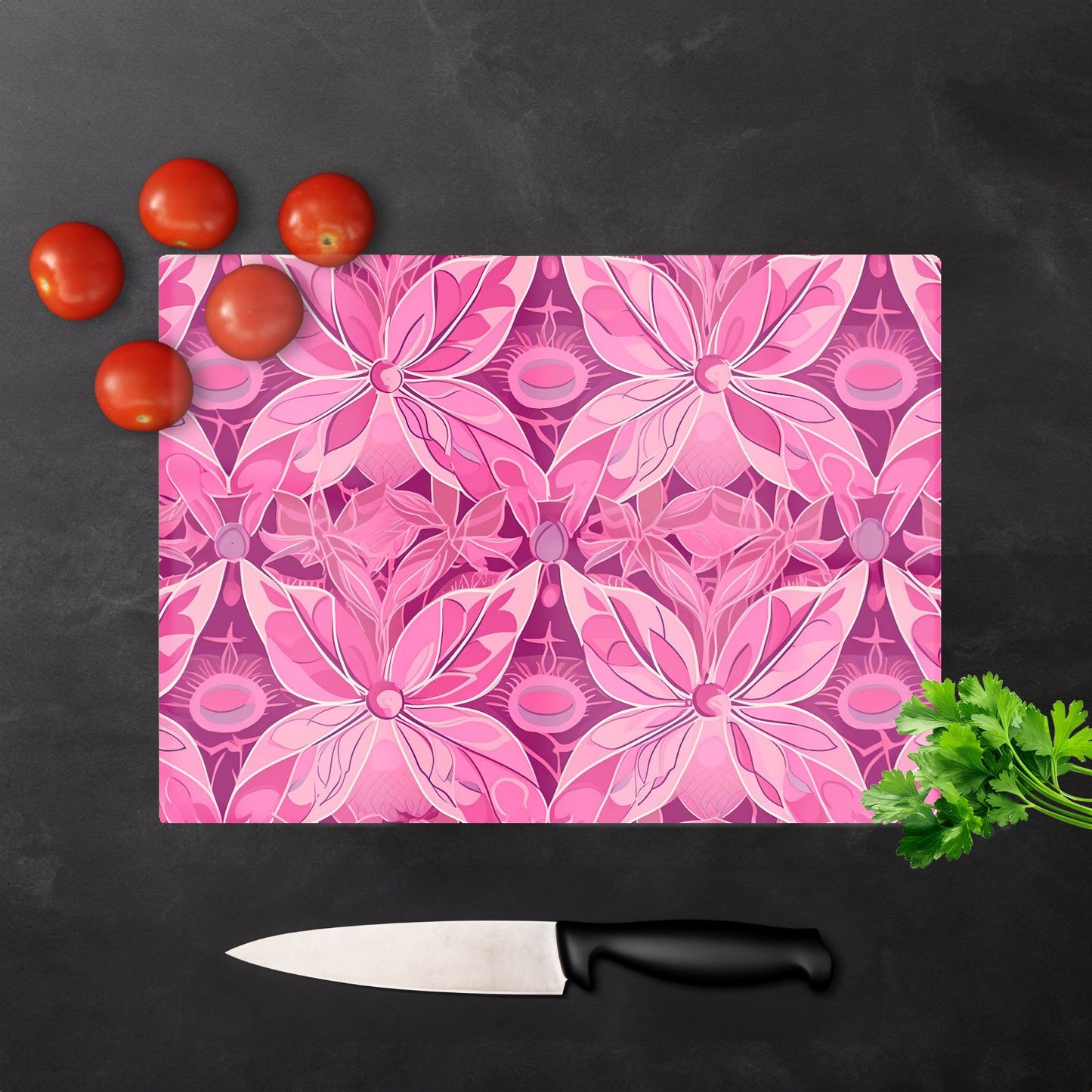 Pink Abstract Floral Design Glass Chopping Board