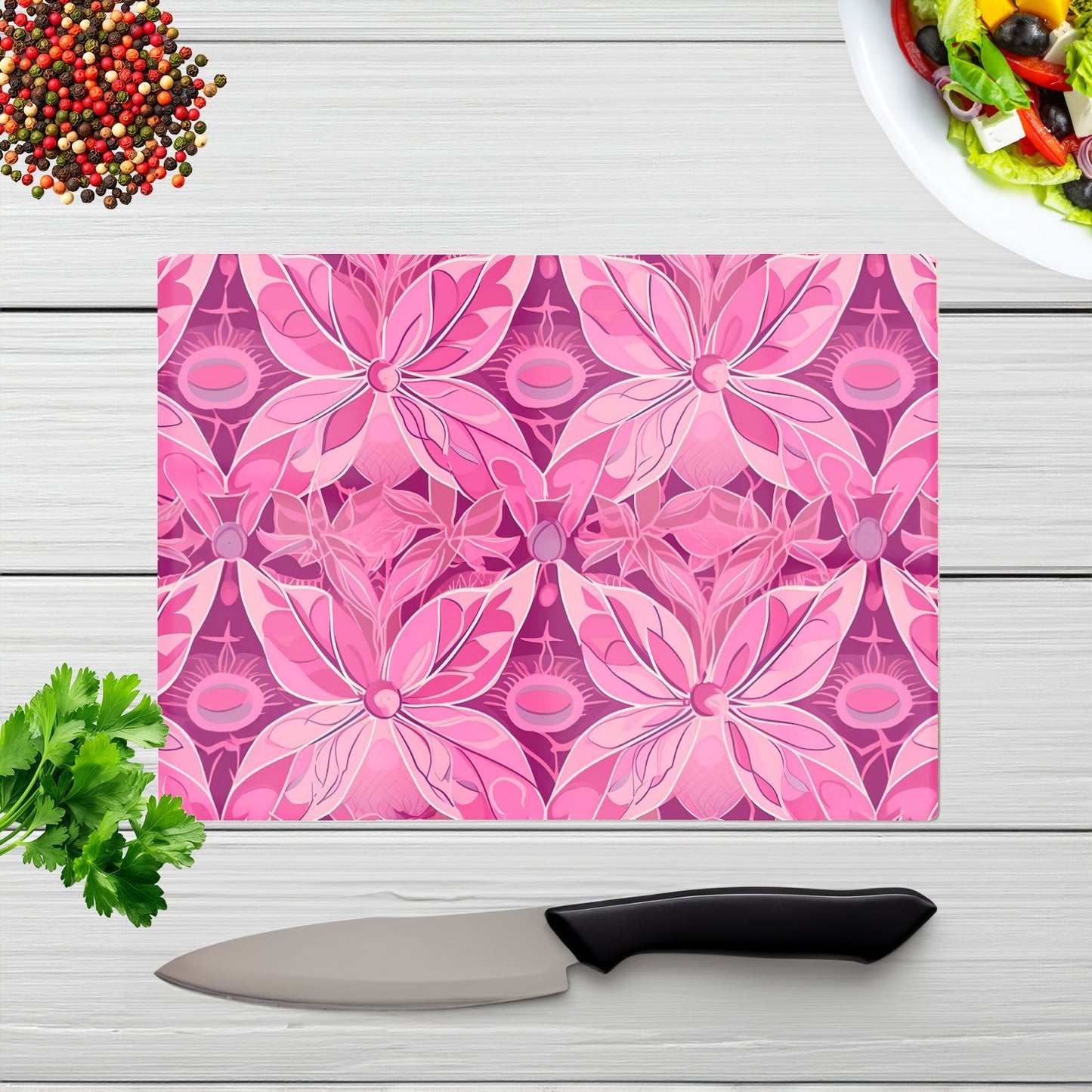 Pink Abstract Floral Design Glass Chopping Board