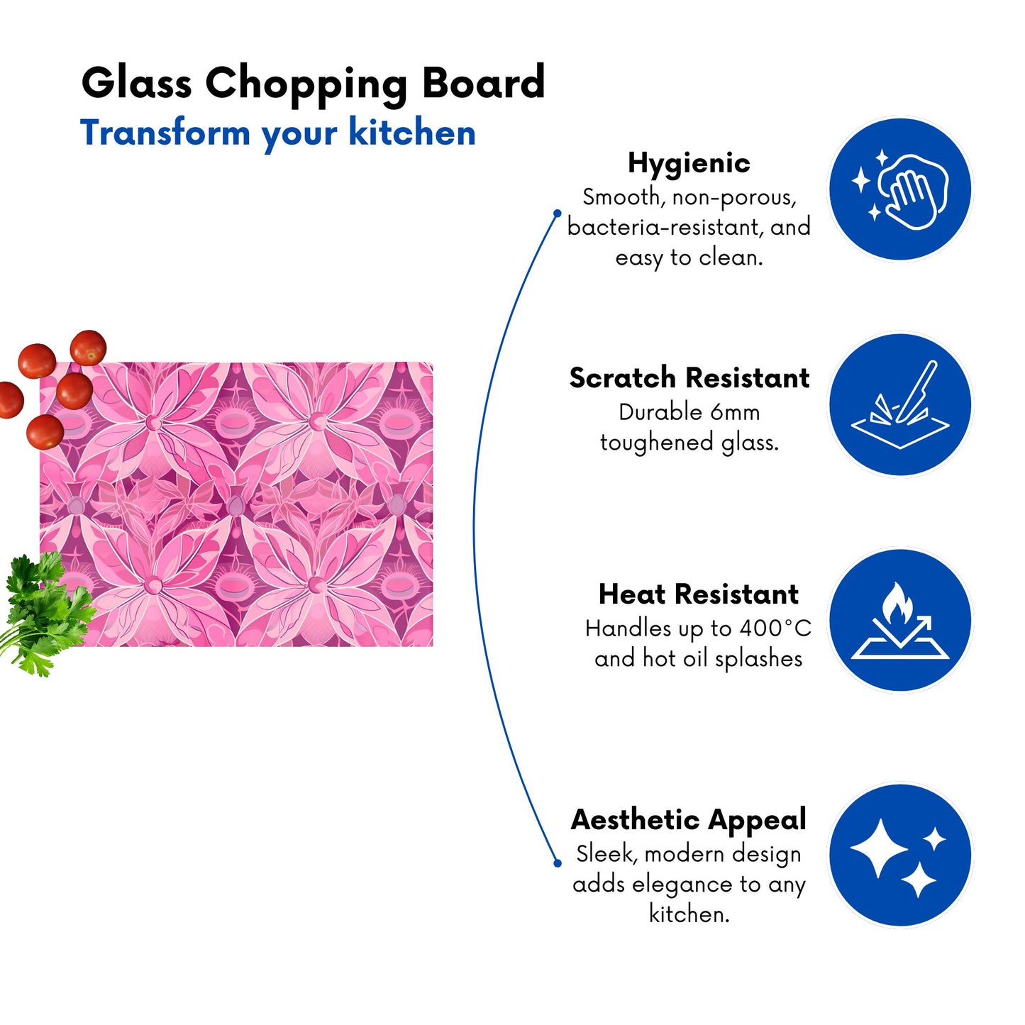 Pink Abstract Floral Design Glass Chopping Board