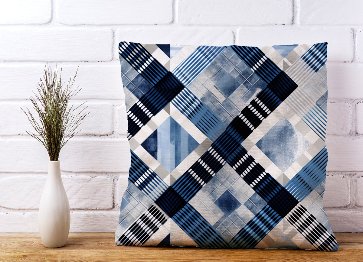 Checkered Square Black And Blue Cushions