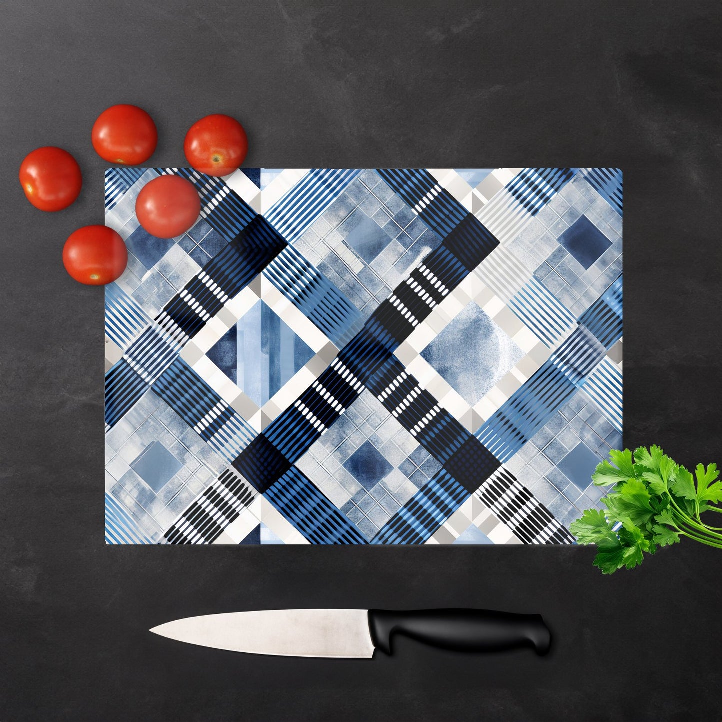 Checkered Square Black And Blue Glass Chopping Board