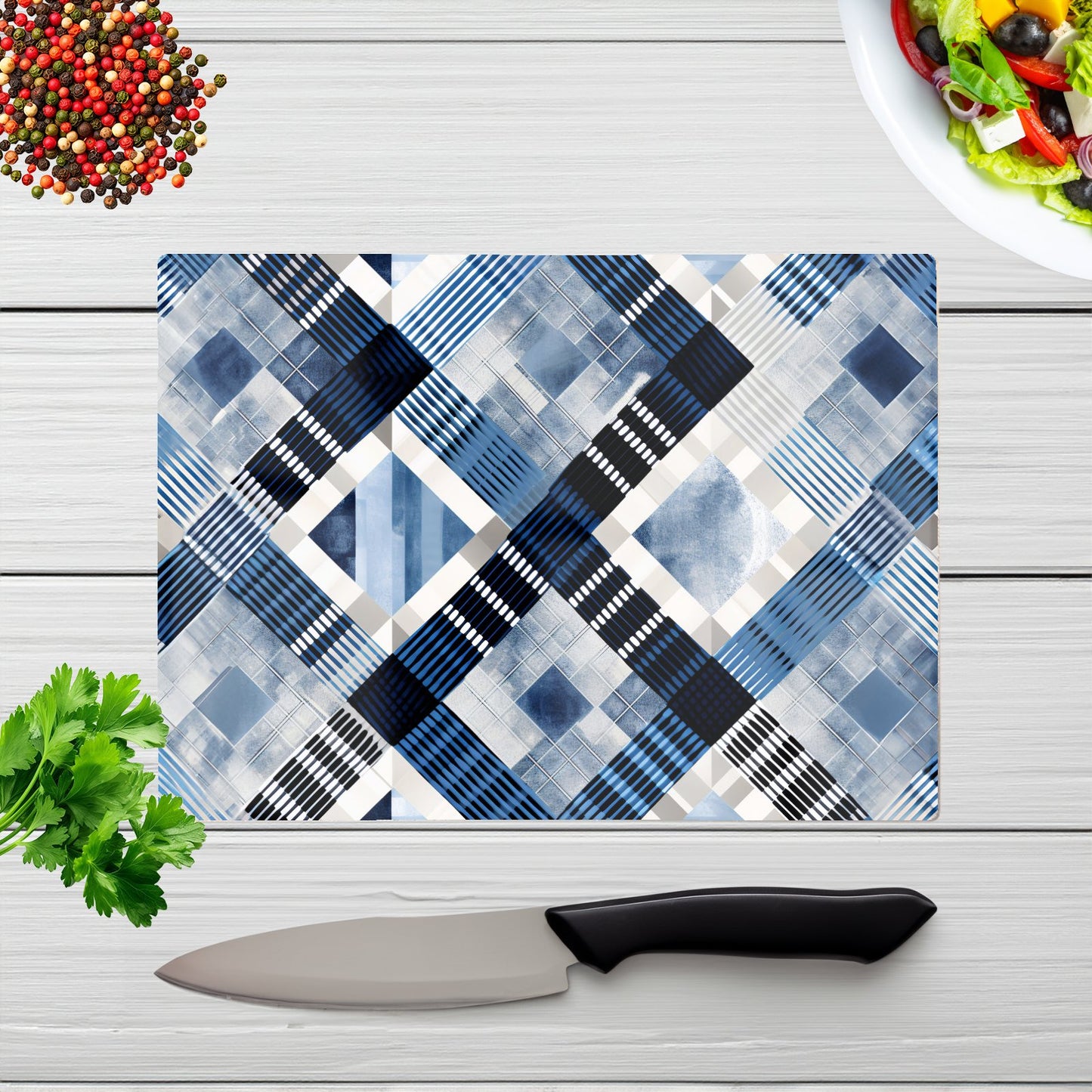 Checkered Square Black And Blue Glass Chopping Board