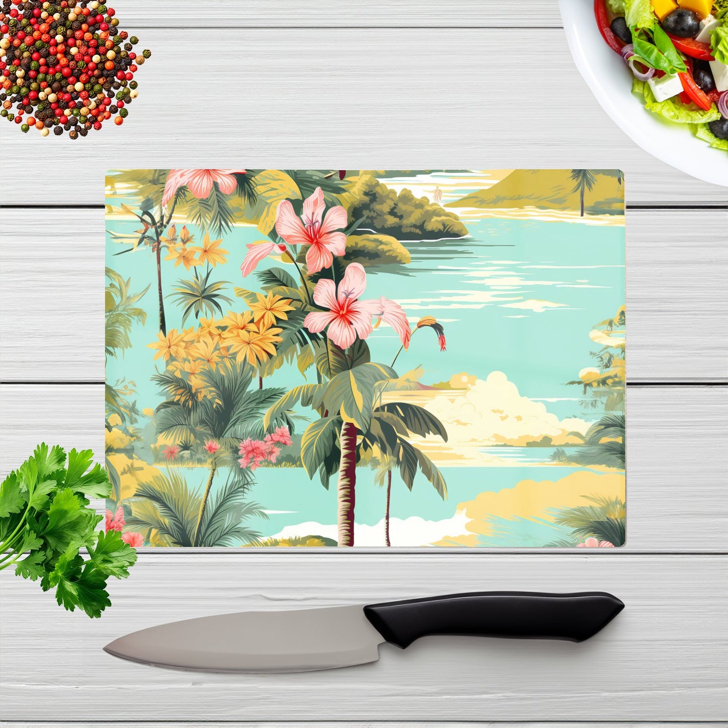 Palm Trees And Hibiscus Glass Chopping Board