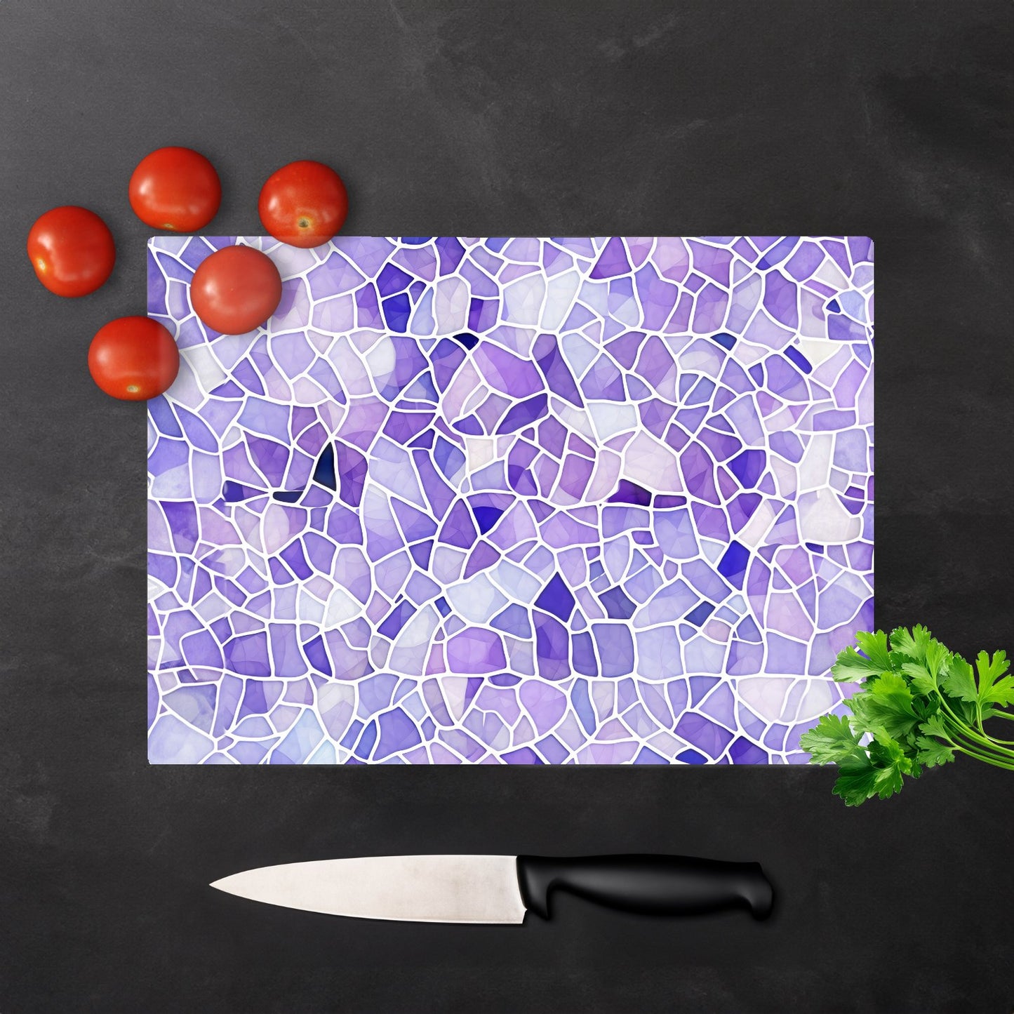 Purple And White Mosaic Design Glass Chopping Board