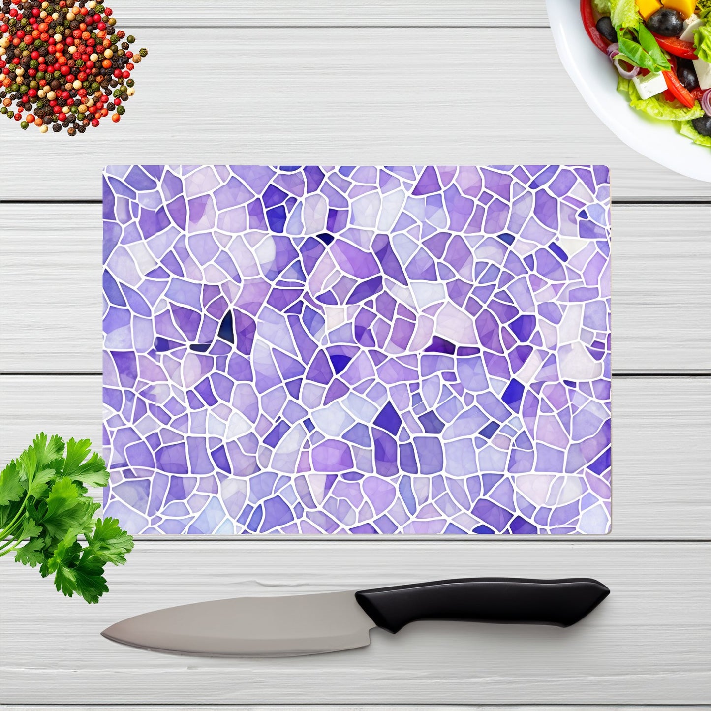 Purple And White Mosaic Design Glass Chopping Board