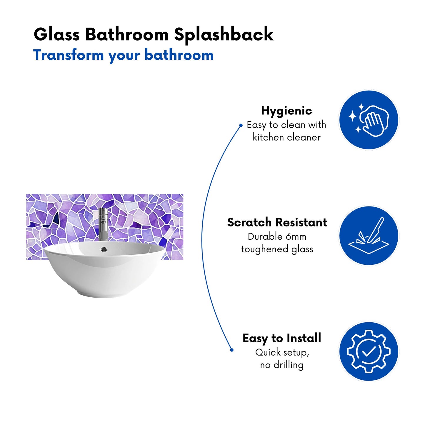 Purple and White Mosaic Design Glass Bathroom Splashback
