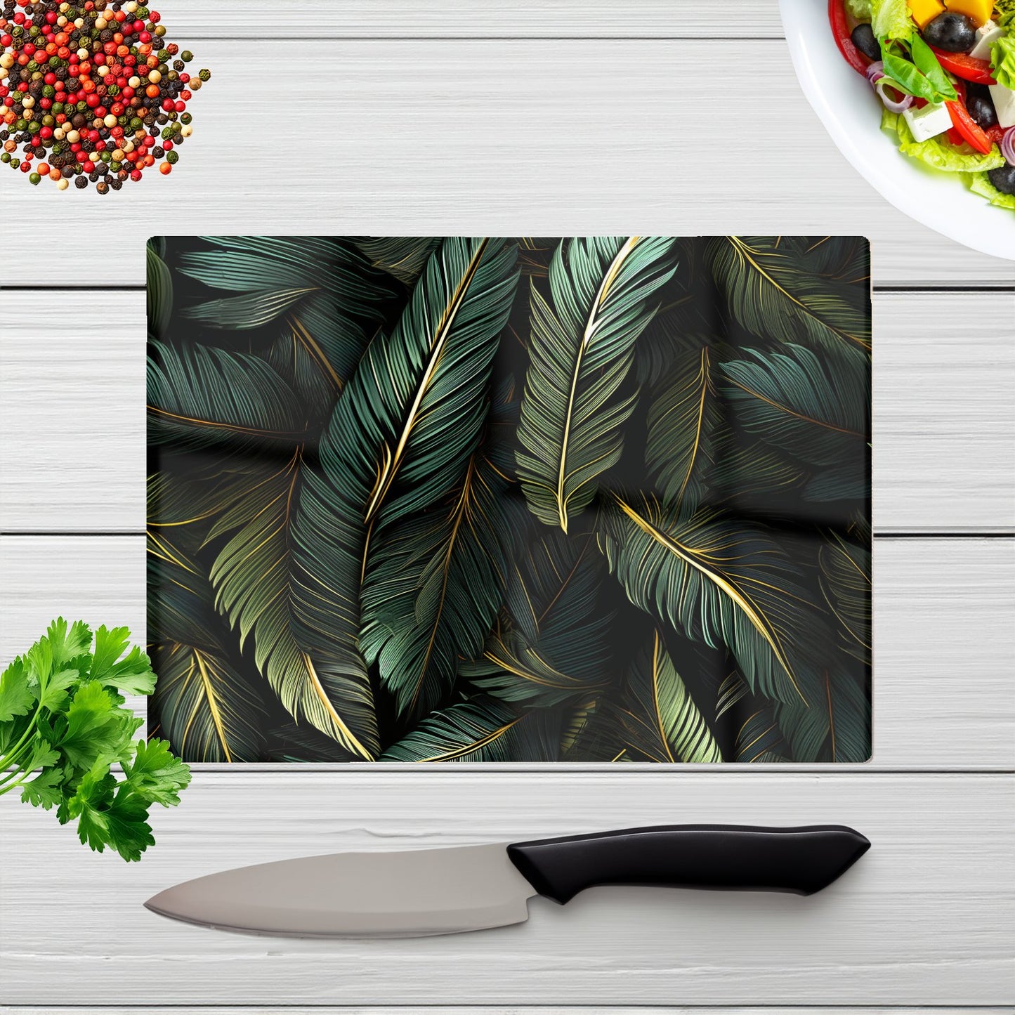 Green And Gold Leaves Glass Chopping Board