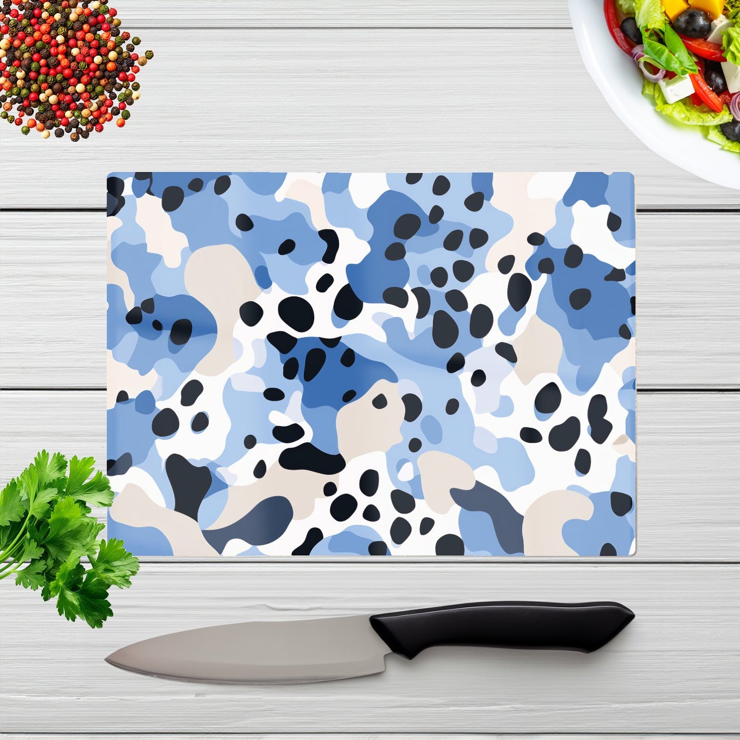 Blue Camouflage Pattern Glass Chopping Board