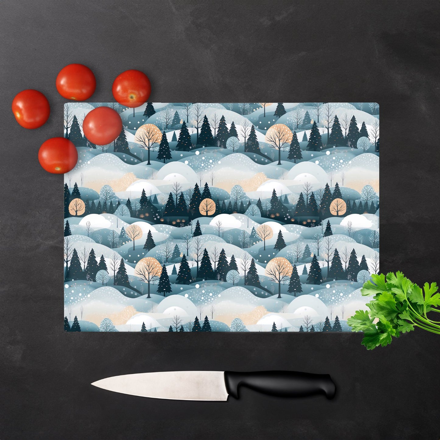 Dreamy Snowy Christmas Scene Glass Chopping Board