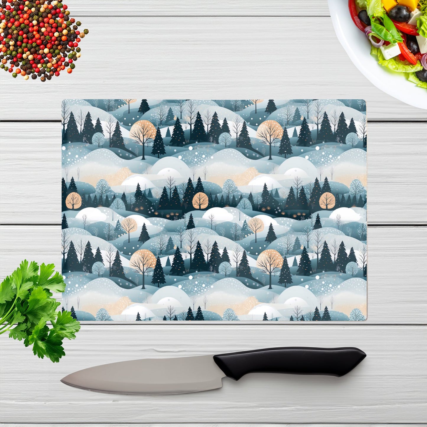 Dreamy Snowy Christmas Scene Glass Chopping Board