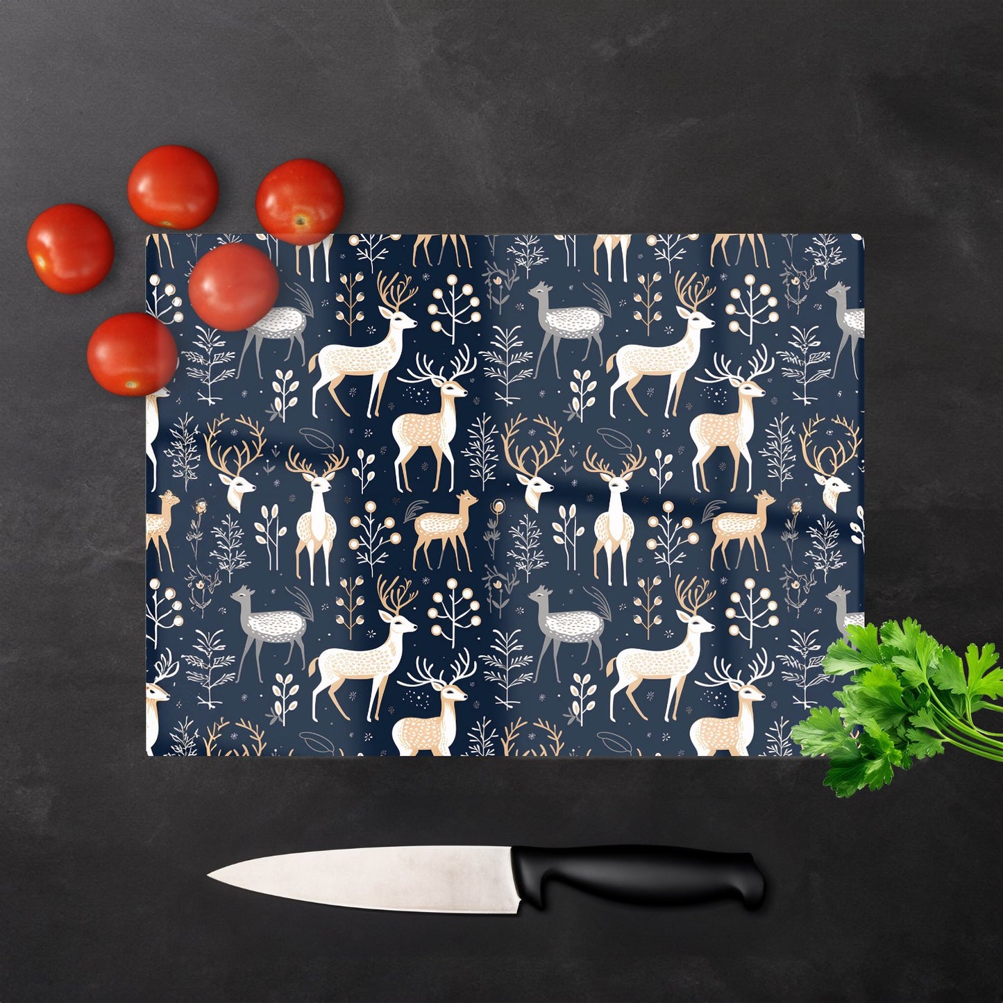 Reindeer Whimsical Illustration Pattern Glass Chopping Board