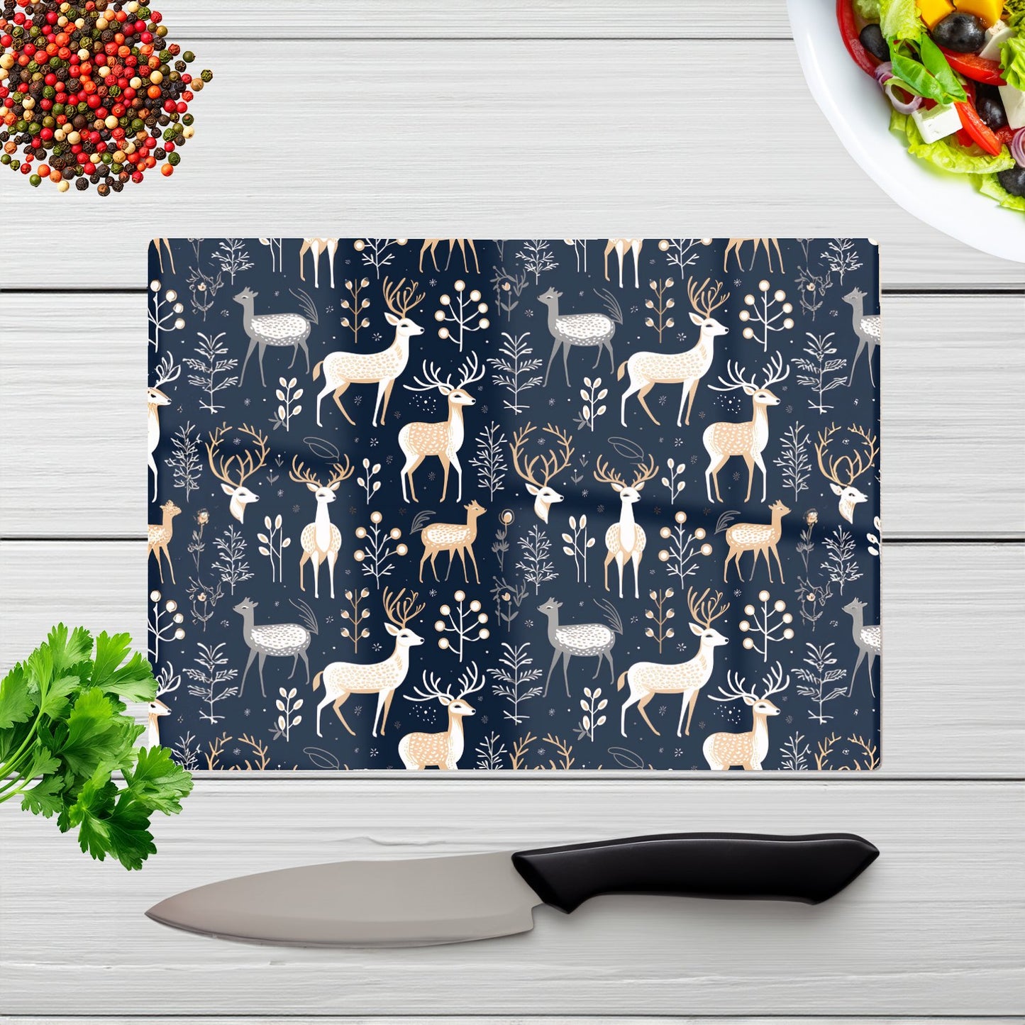 Reindeer Whimsical Illustration Pattern Glass Chopping Board