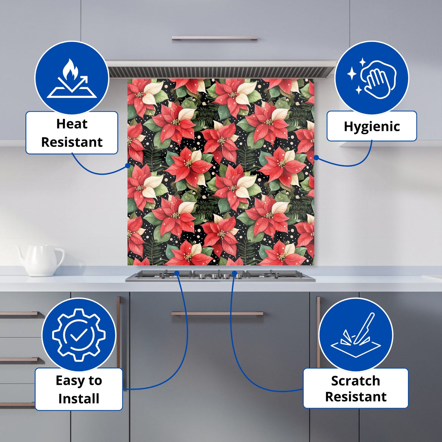Poinsettia, Watercolor Style Kitchen Splashback