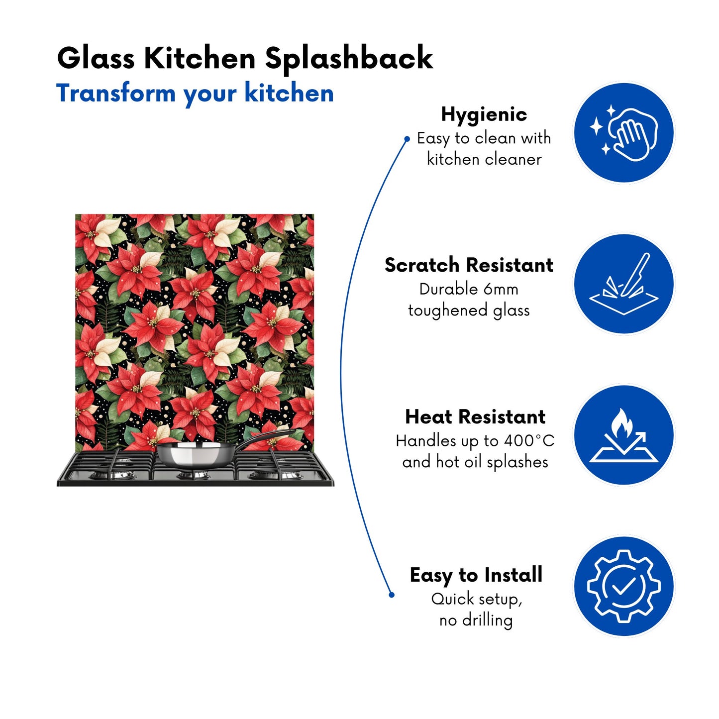 Poinsettia, Watercolor Style Kitchen Splashback