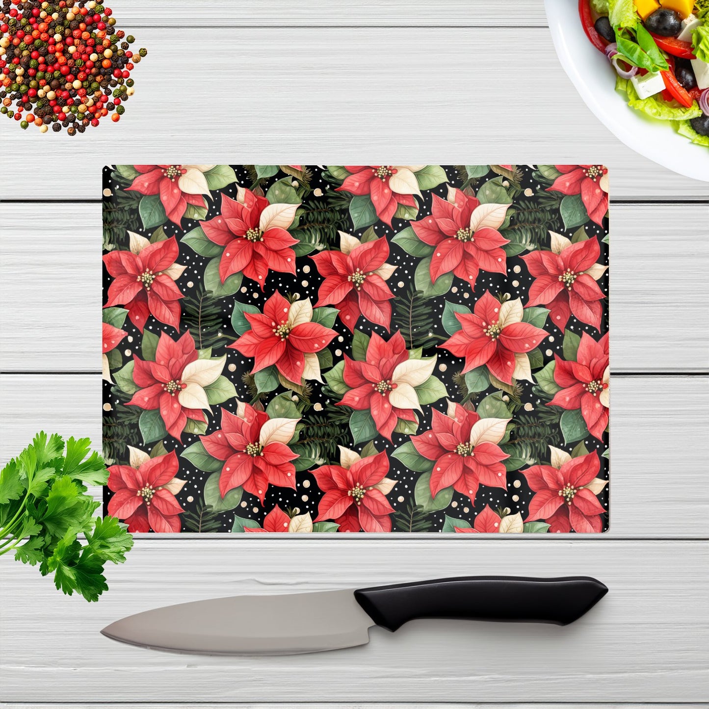 Poinsettia Watercolor Style Glass Chopping Board