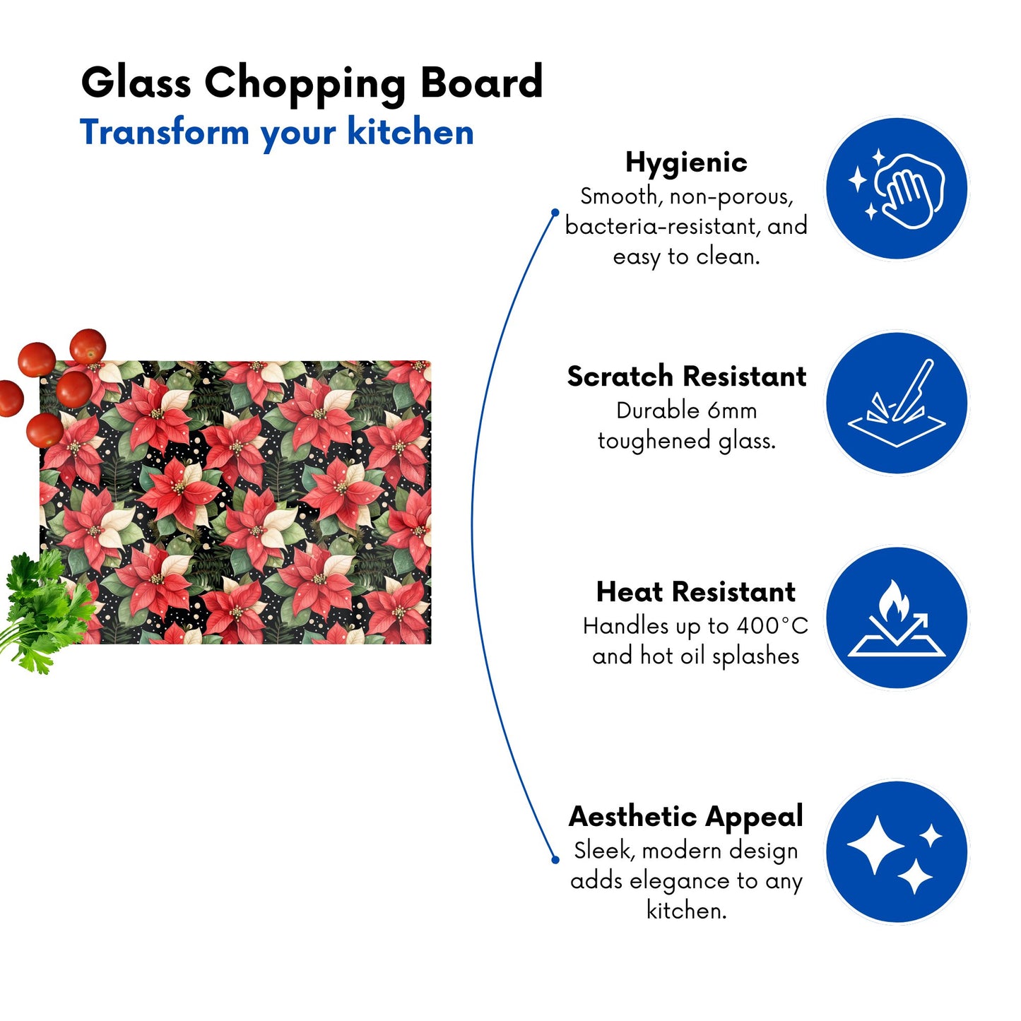 Poinsettia Watercolor Style Glass Chopping Board