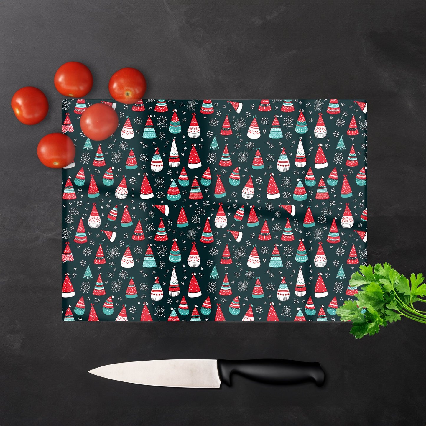 Hand Drawn Cheerful Santa Hats Glass Chopping Board