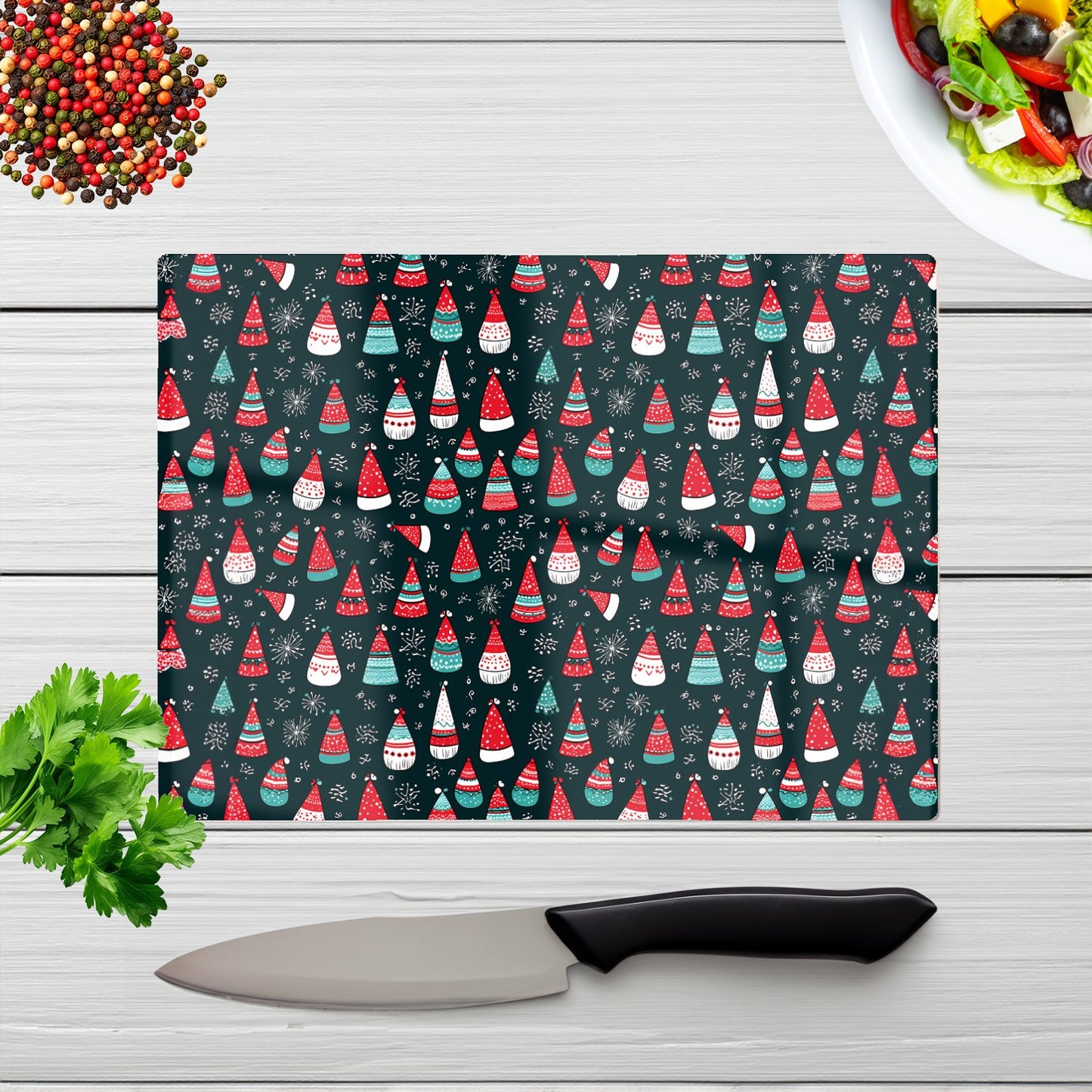 Hand Drawn Cheerful Santa Hats Glass Chopping Board