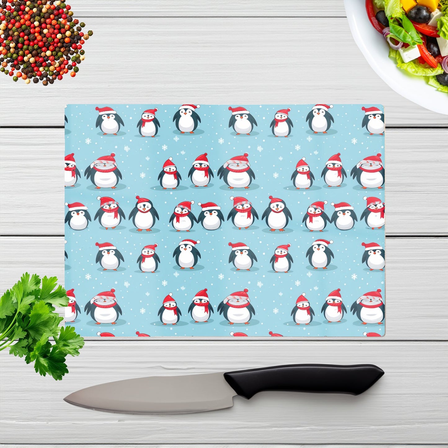 Adorable Santa Penguins Glass Chopping Board