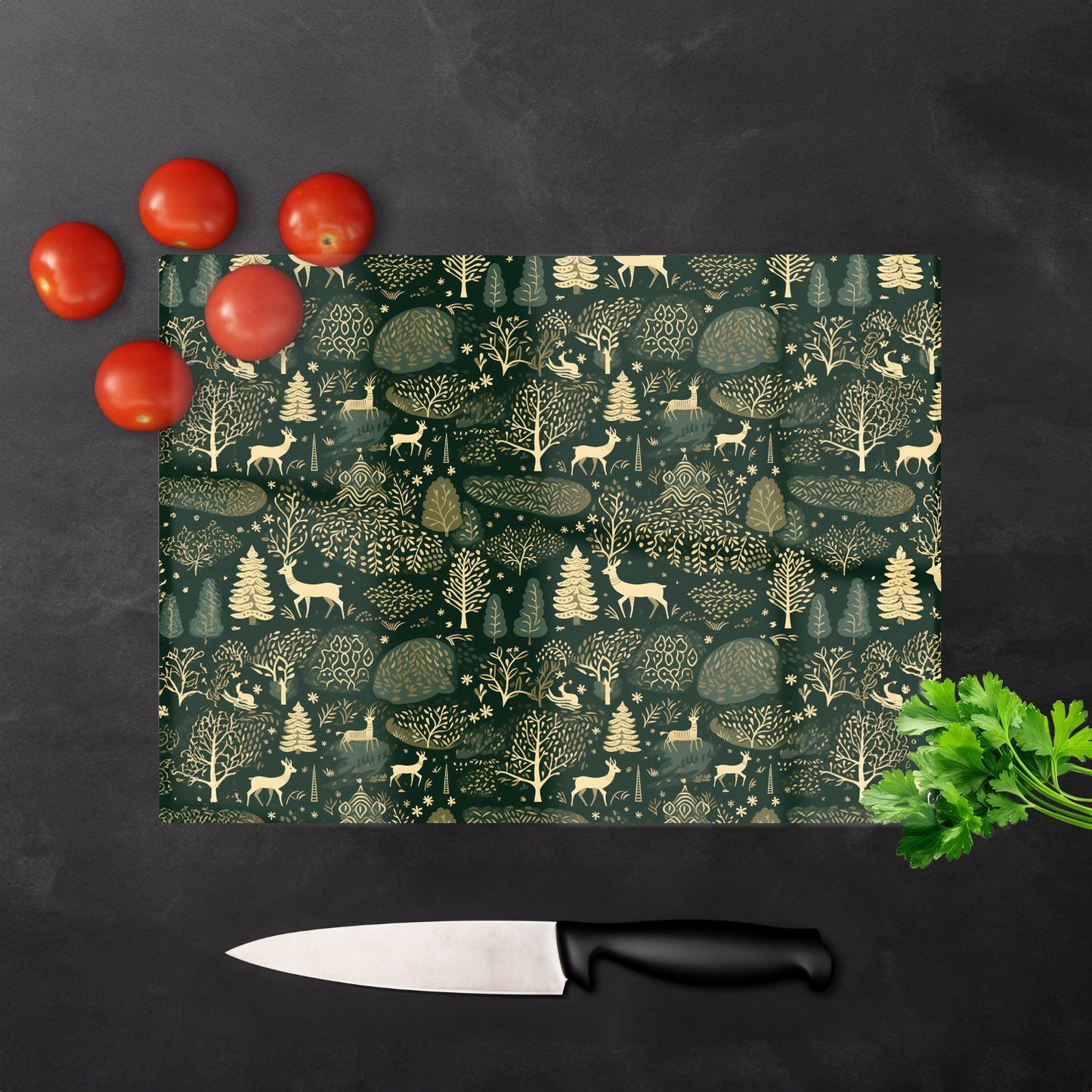 Green Christmas Woodlands Glass Chopping Board