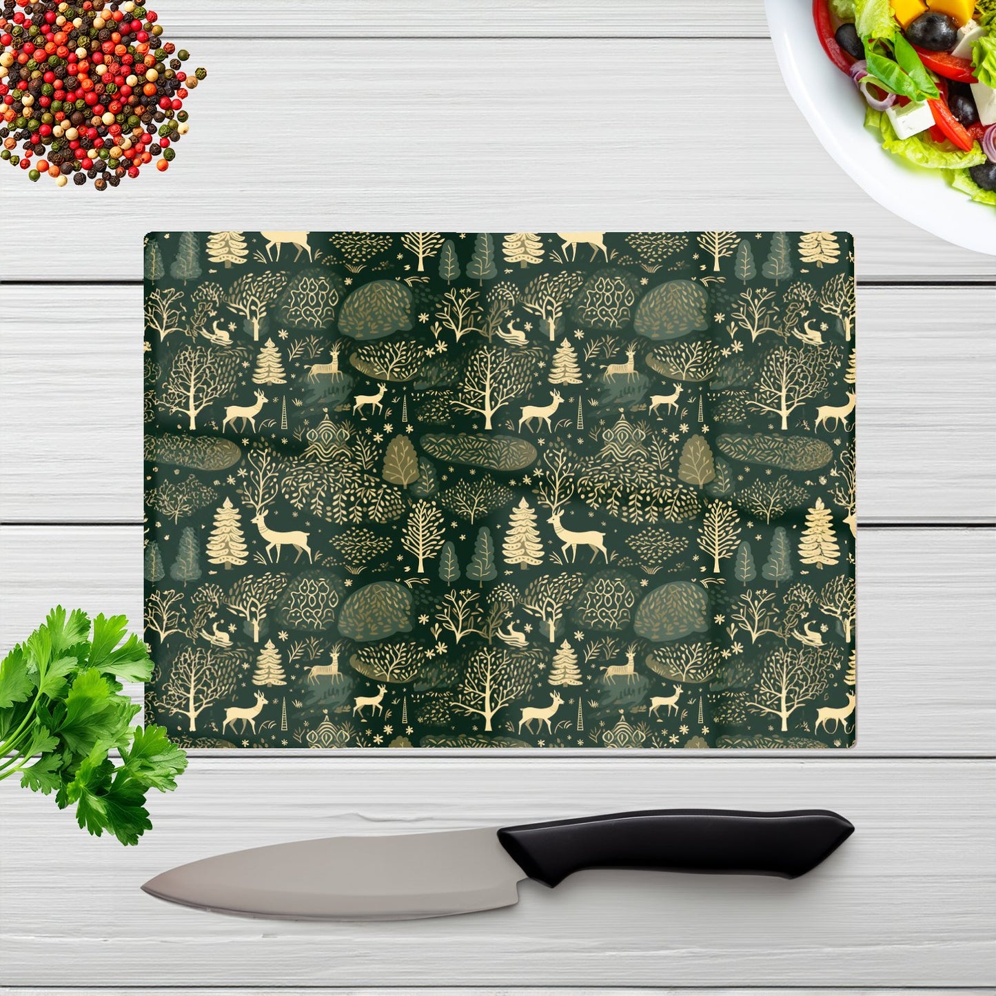 Green Christmas Woodlands Glass Chopping Board