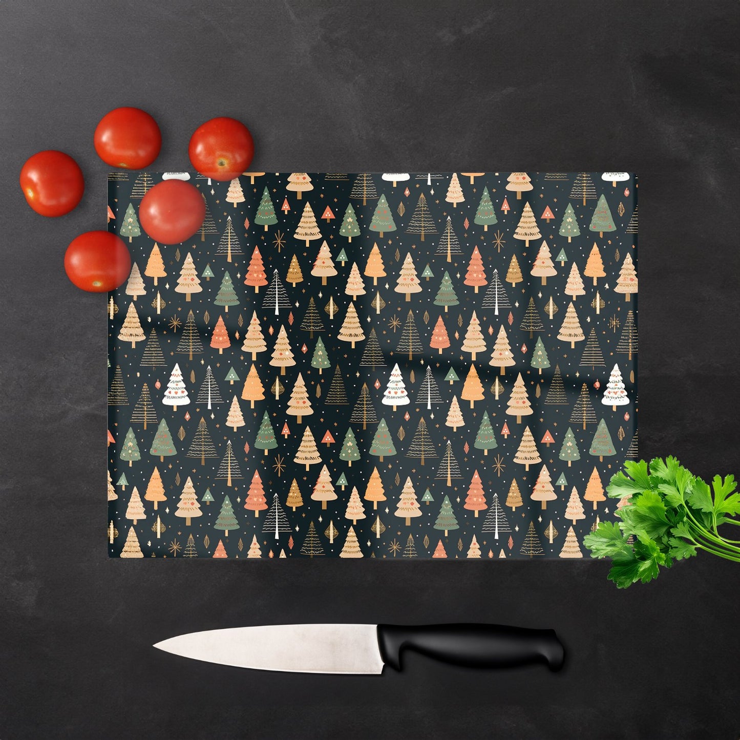 Boho Inspired Christmas Trees Glass Chopping Board