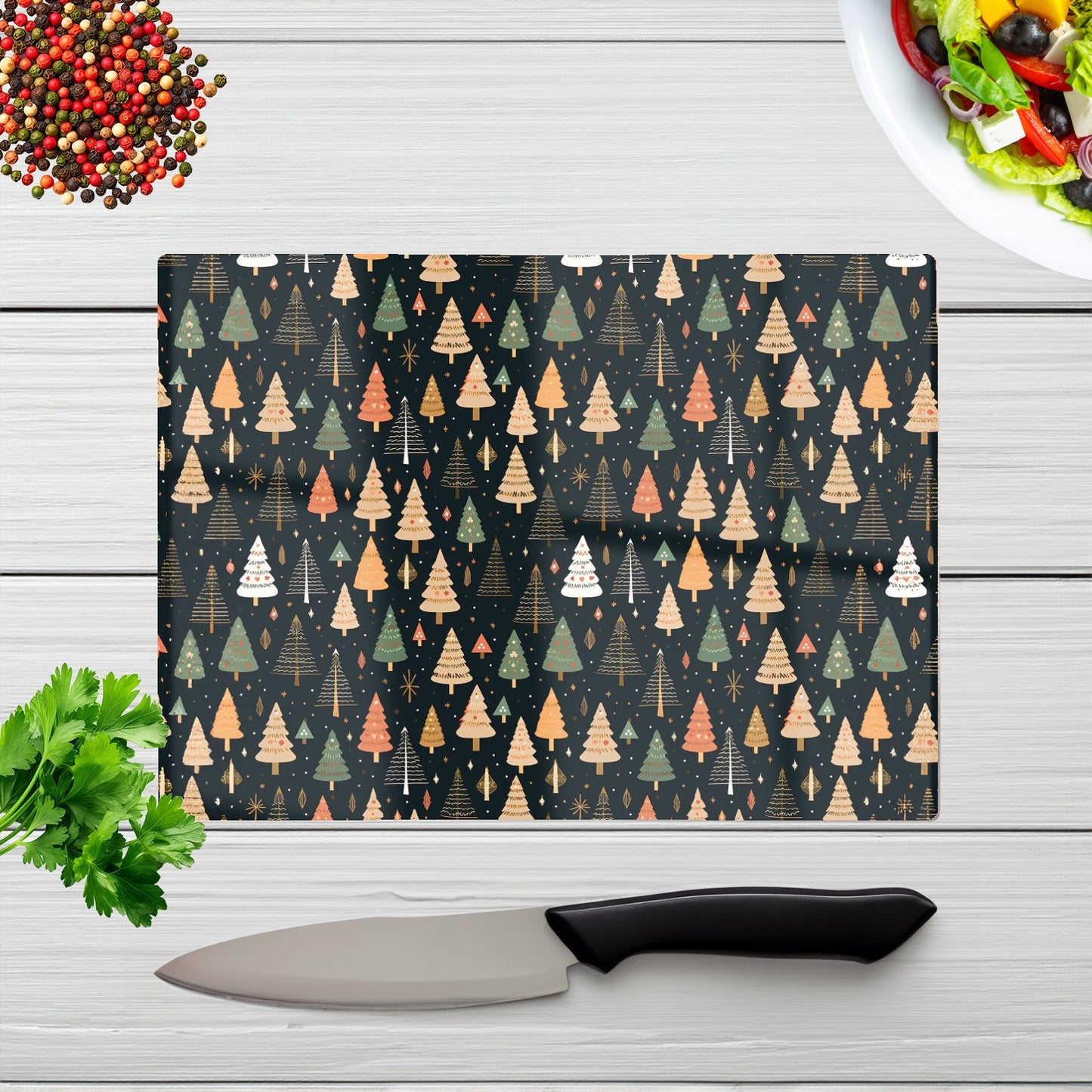 Boho Inspired Christmas Trees Glass Chopping Board