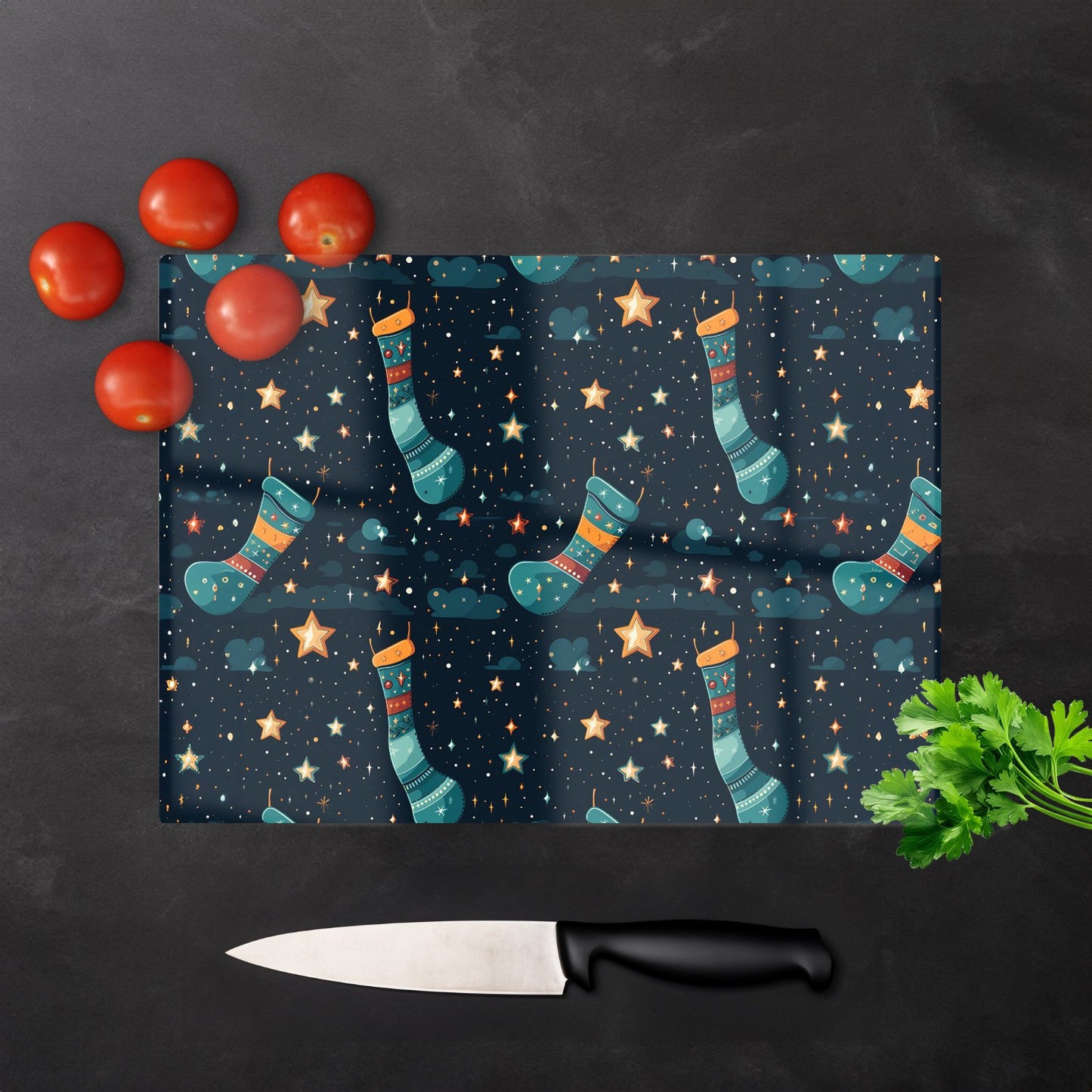 Christmas Stocking In A Starry Night Sky Glass Chopping Board