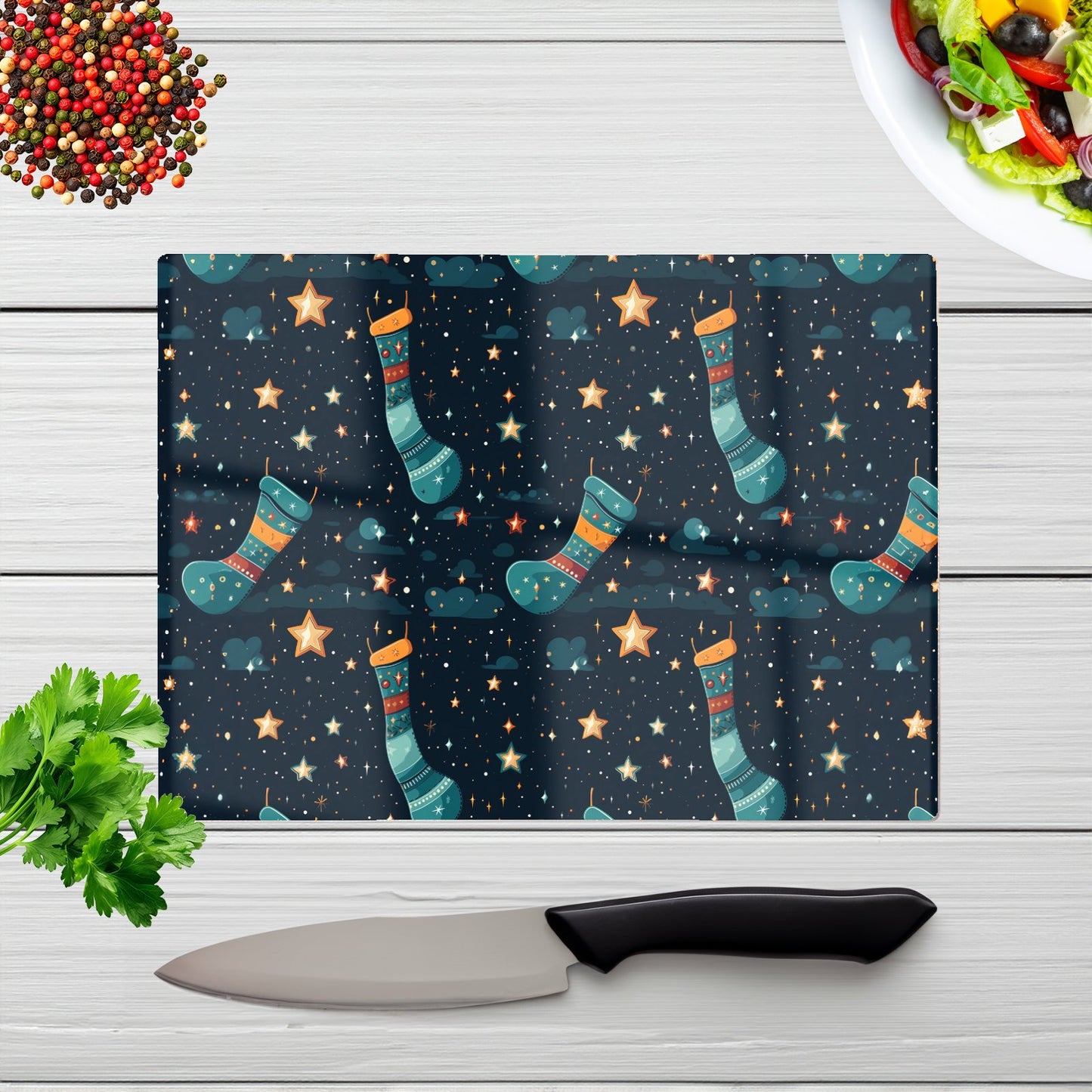 Christmas Stocking In A Starry Night Sky Glass Chopping Board