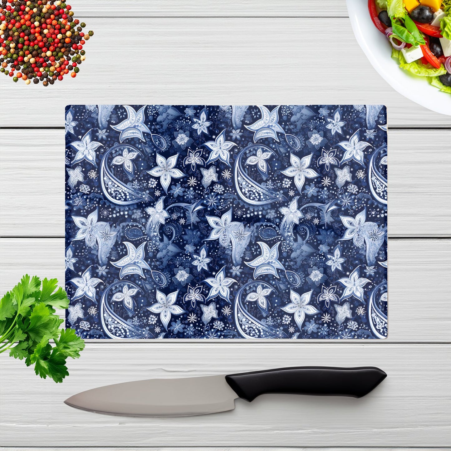 Paisley Christmas Stars Blue Glass Chopping Board