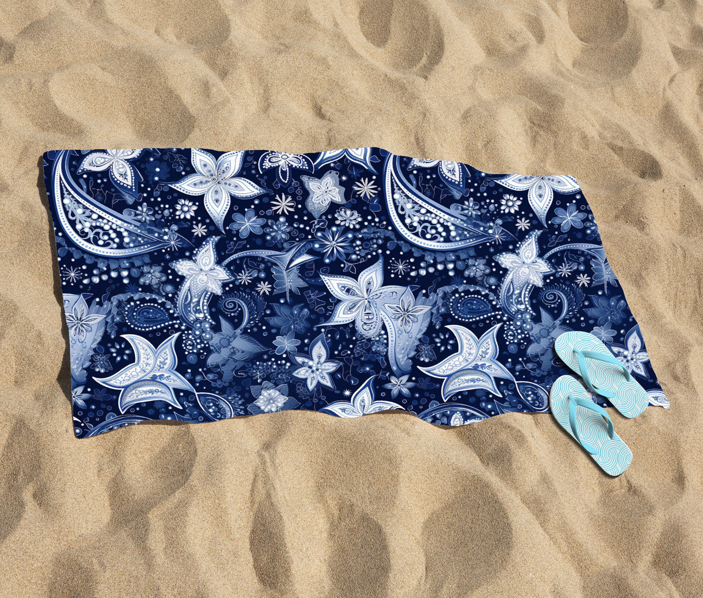 Paisley Christmas Stars Blue Beach Towel