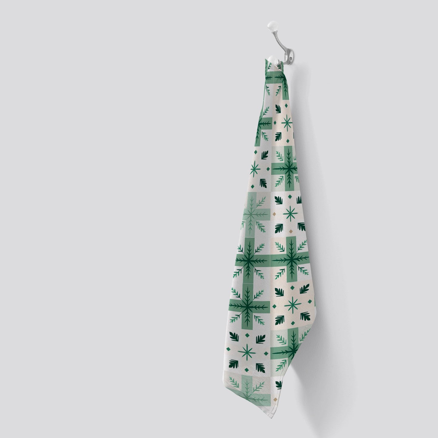 Christmas Quilting Squares, Green And White, Geometric Tea Towel