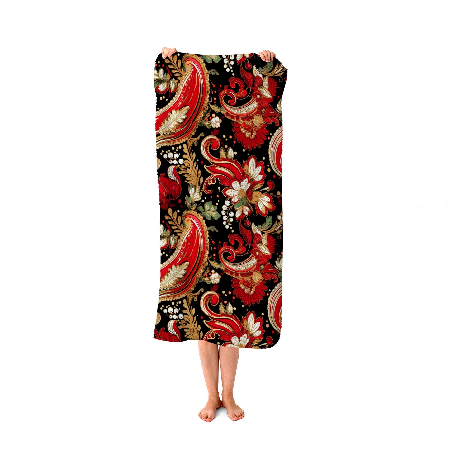 Paisley Christmas Stars Red Beach Towel