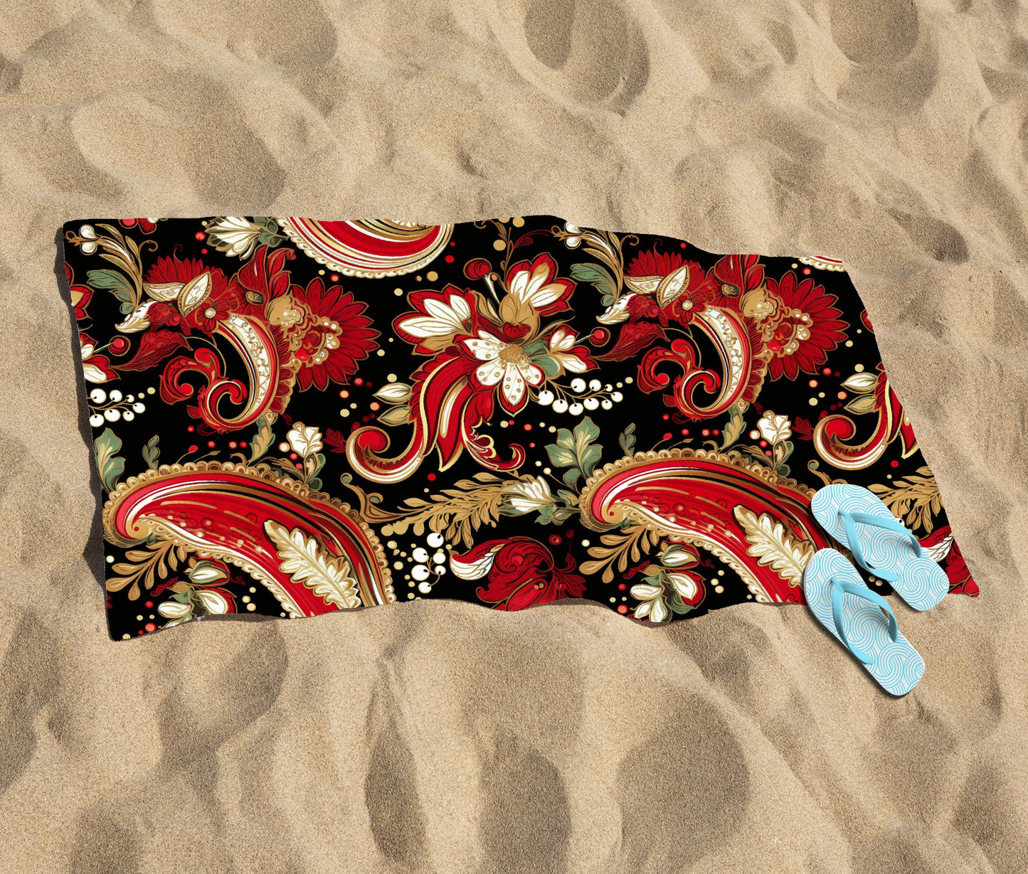 Paisley Christmas Stars Red Beach Towel