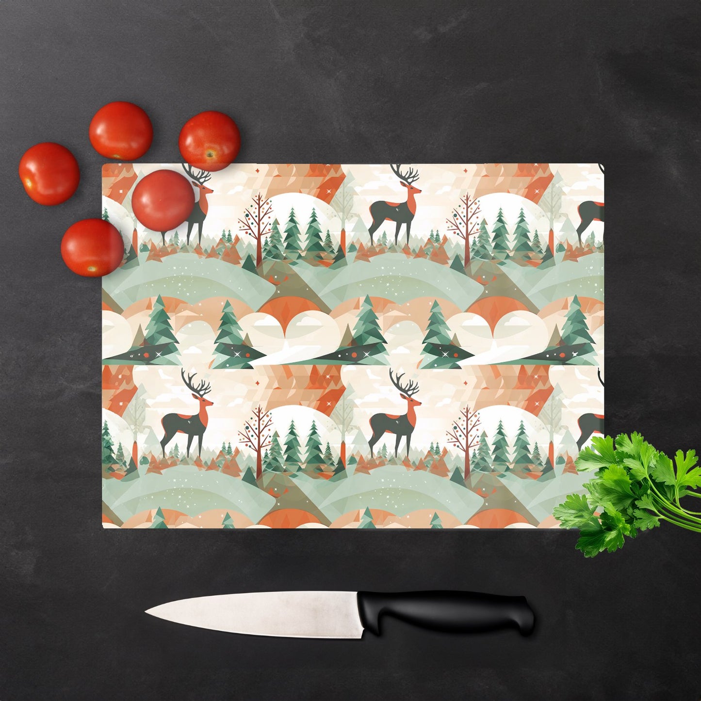 Reindeer On A Snowy Landscape Pattern Glass Chopping Board