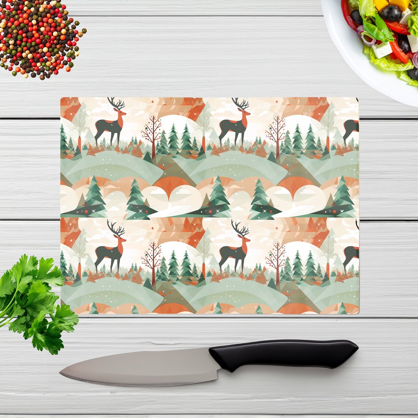 Reindeer On A Snowy Landscape Pattern Glass Chopping Board