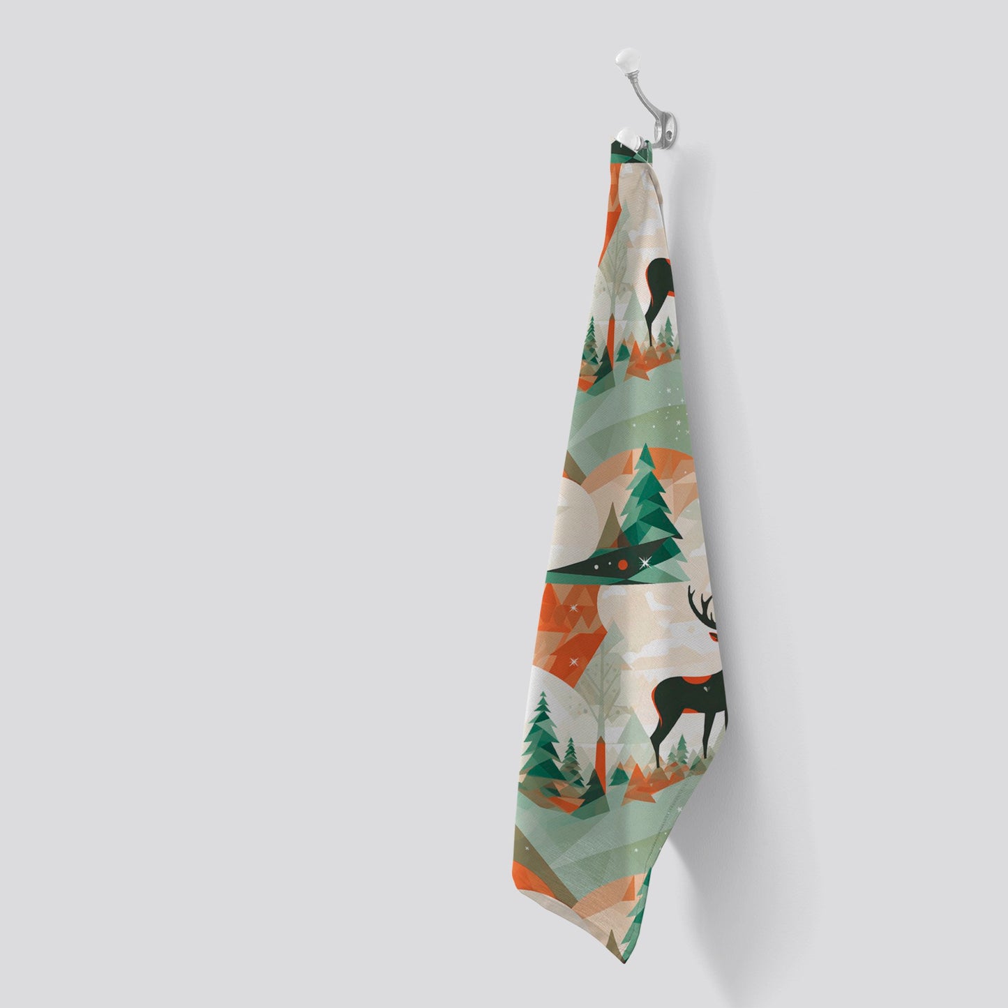 Reindeer On A Snowy Landscape Pattern Tea Towel