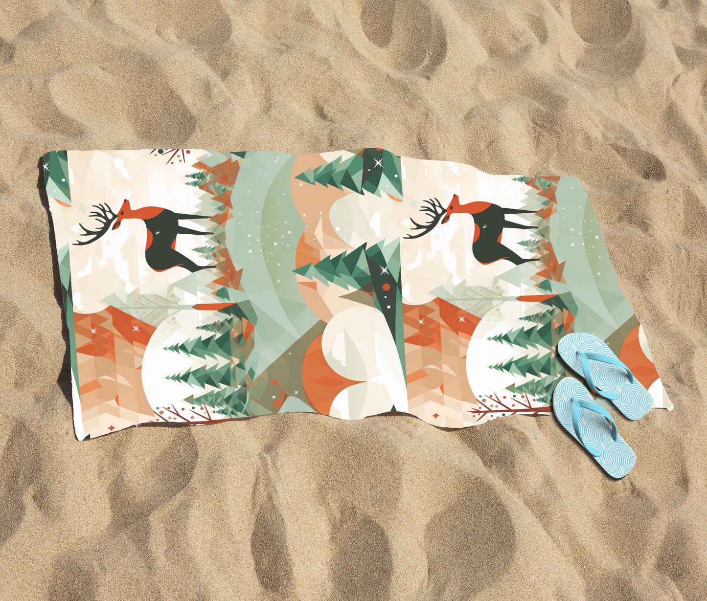 Reindeer On A Snowy Landscape Pattern Beach Towel