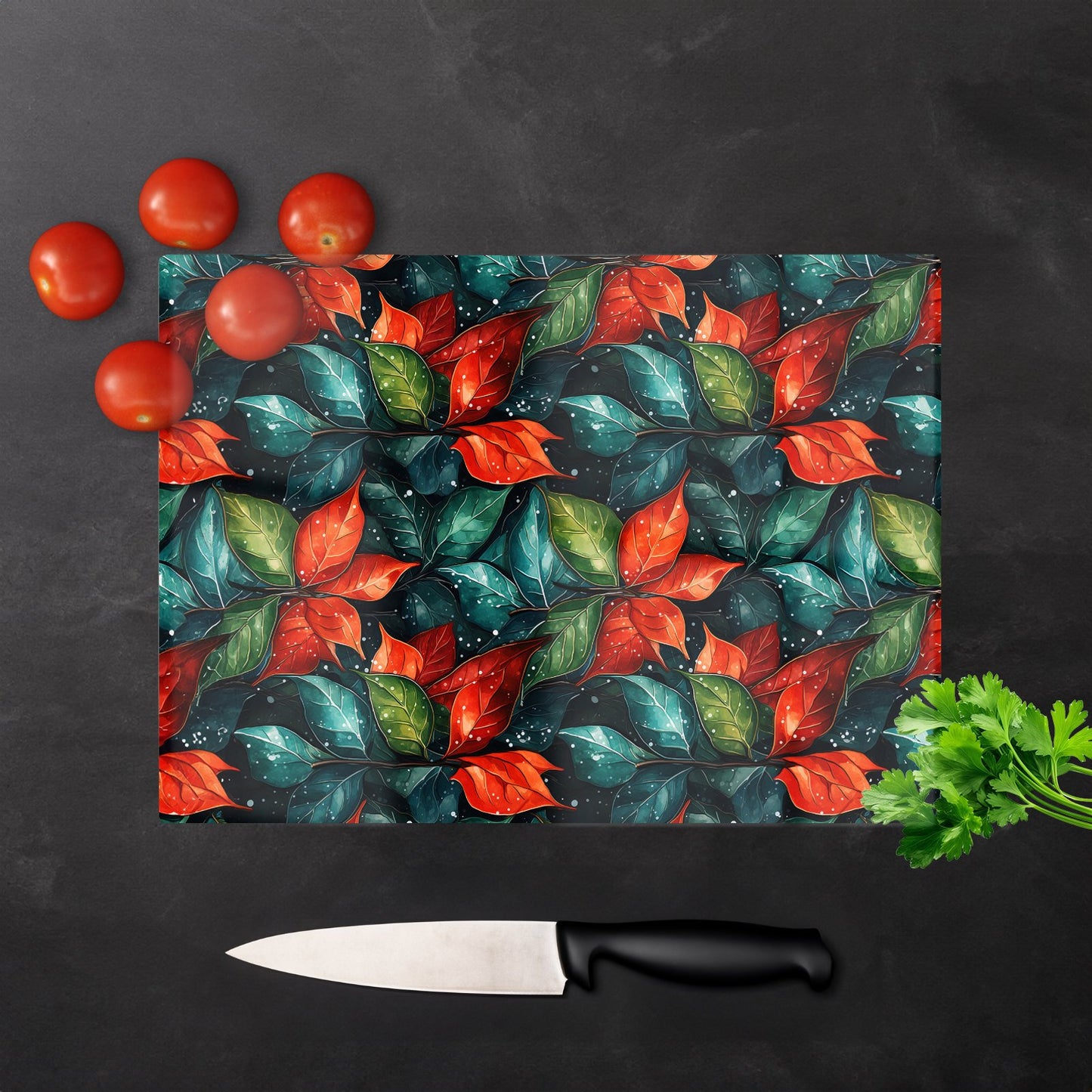Christmas Watercolour Holly Leaf Glass Chopping Board
