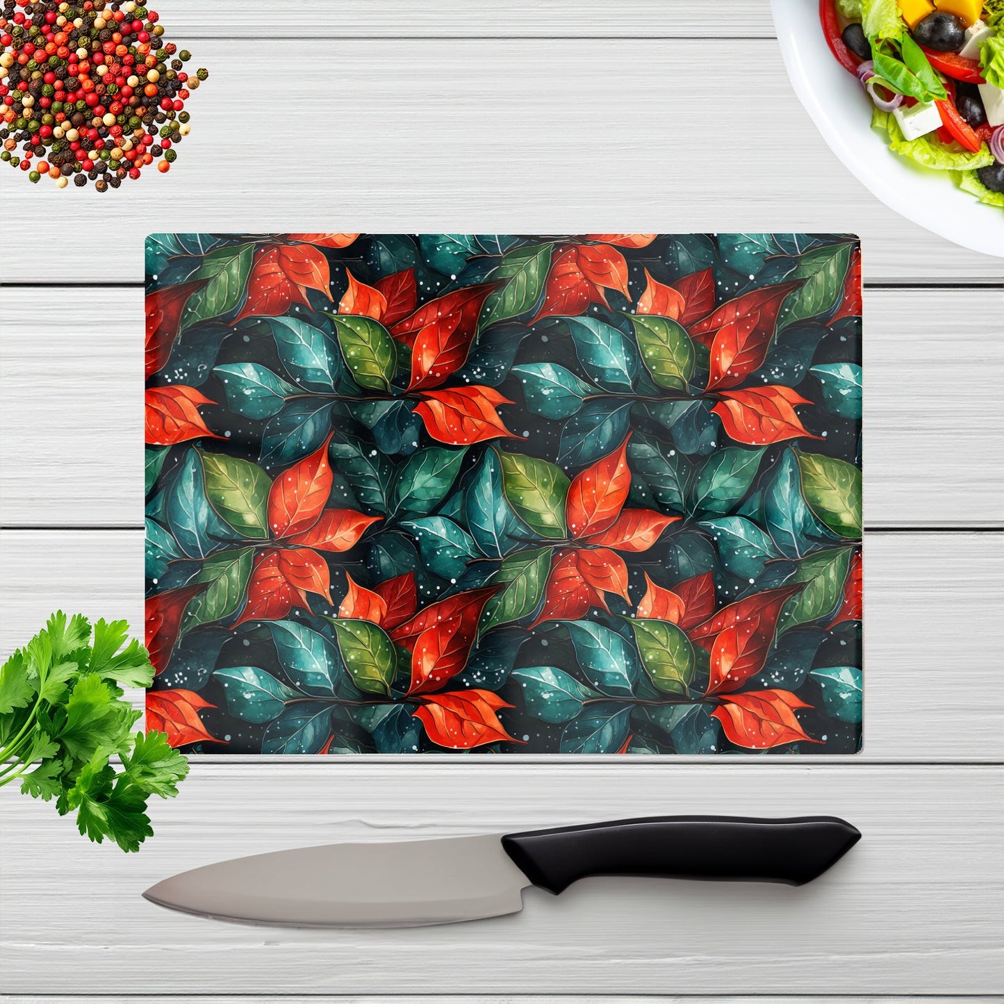 Christmas Watercolour Holly Leaf Glass Chopping Board