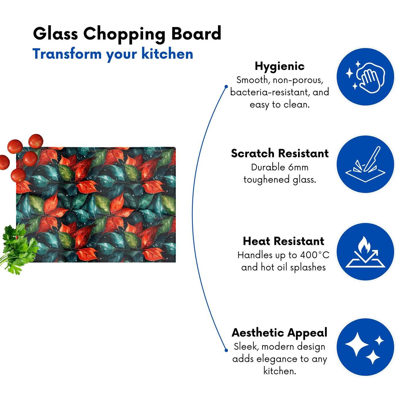 Christmas Watercolour Holly Leaf Glass Chopping Board
