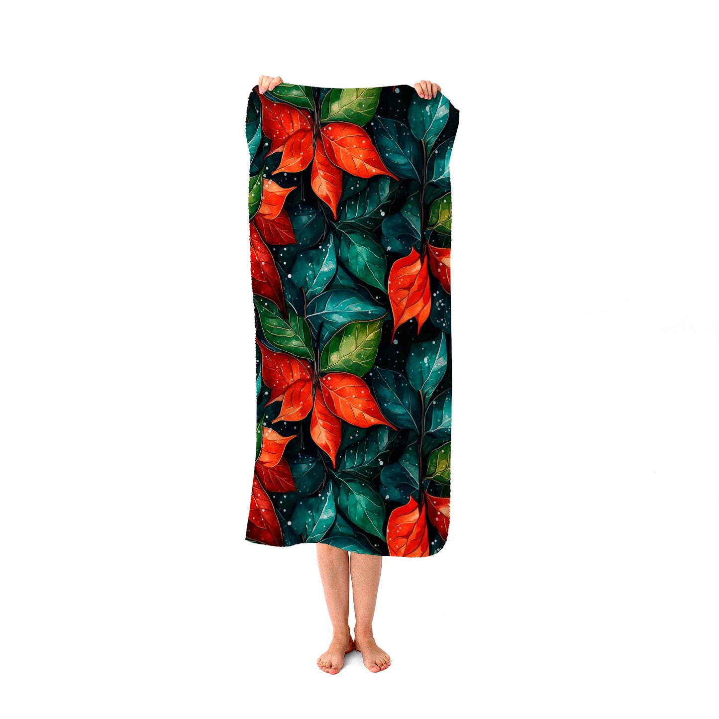 Christmas Watercolour Holly Leaf Beach Towel