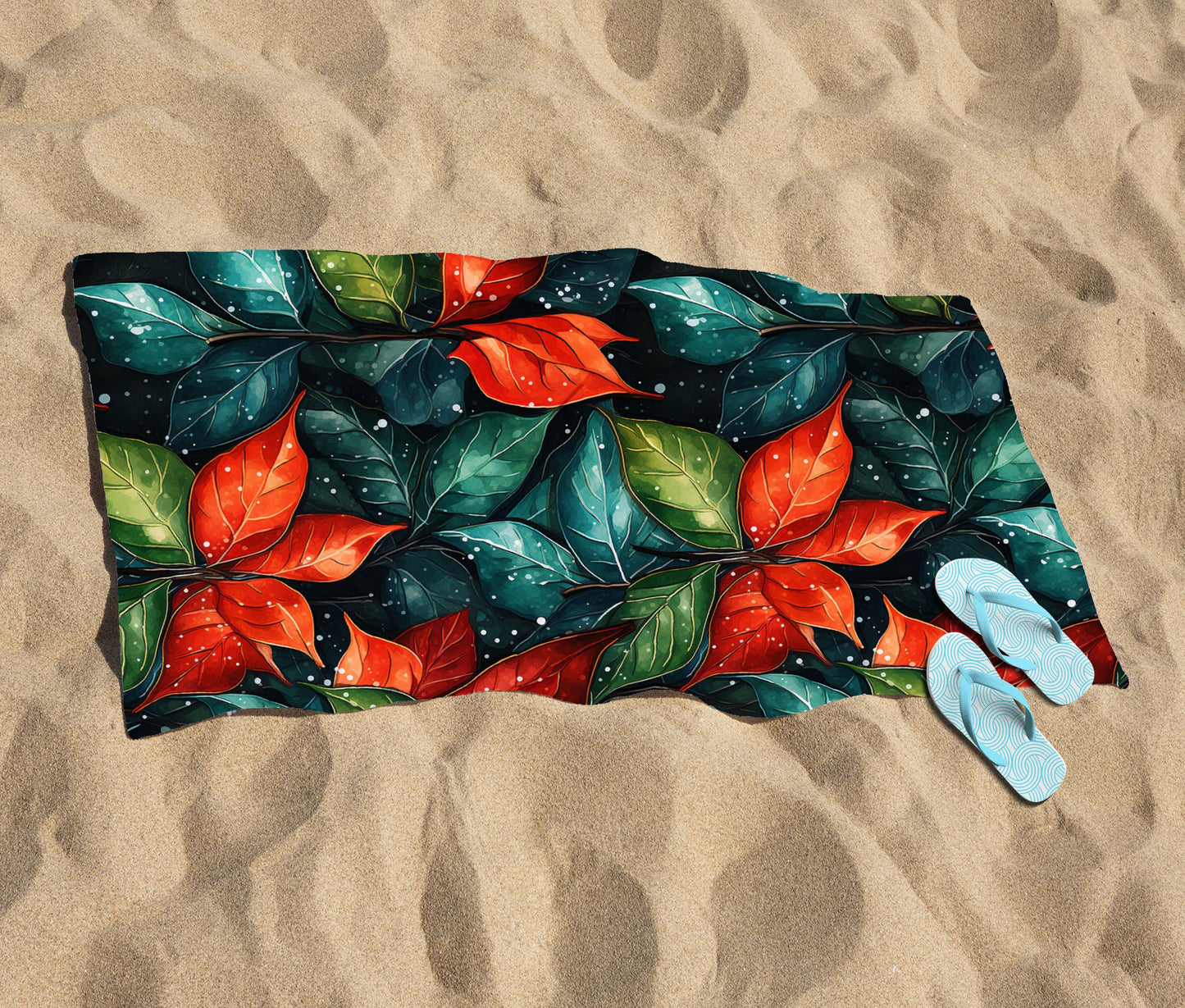 Christmas Watercolour Holly Leaf Beach Towel