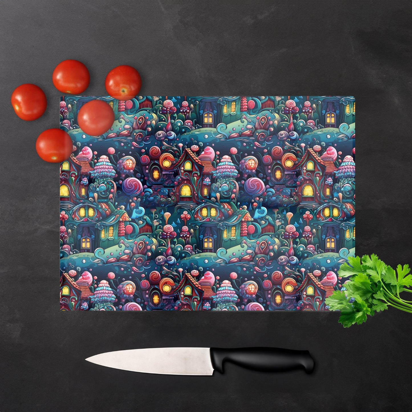 Whimsical Gingerbread House Pattern Glass Chopping Board
