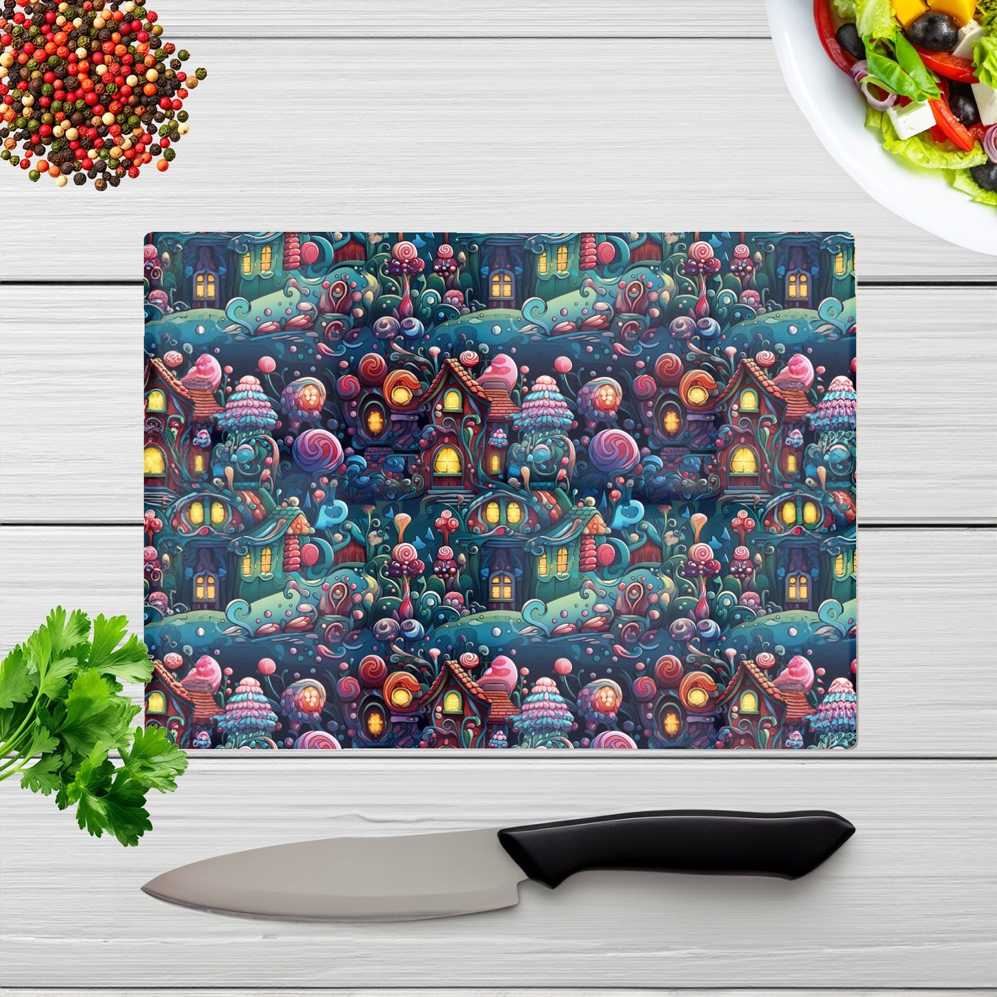 Whimsical Gingerbread House Pattern Glass Chopping Board