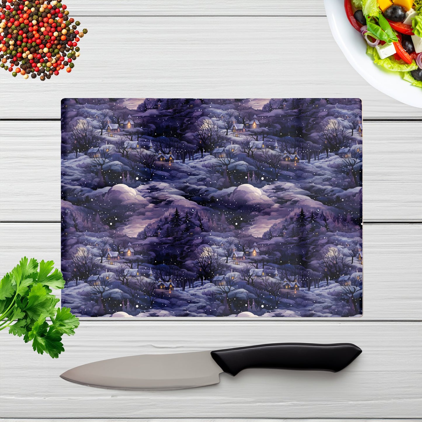 Snowy Christmas Village On A Starry Night Glass Chopping Board