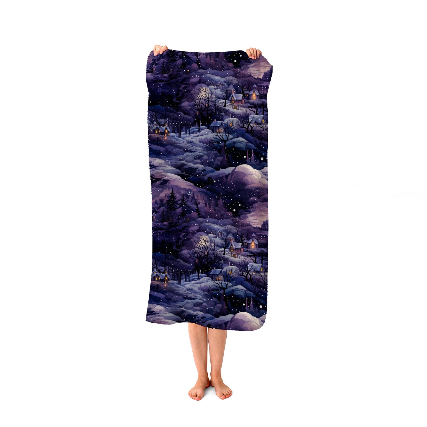 Snowy Christmas Village On A Starry Night Beach Towel