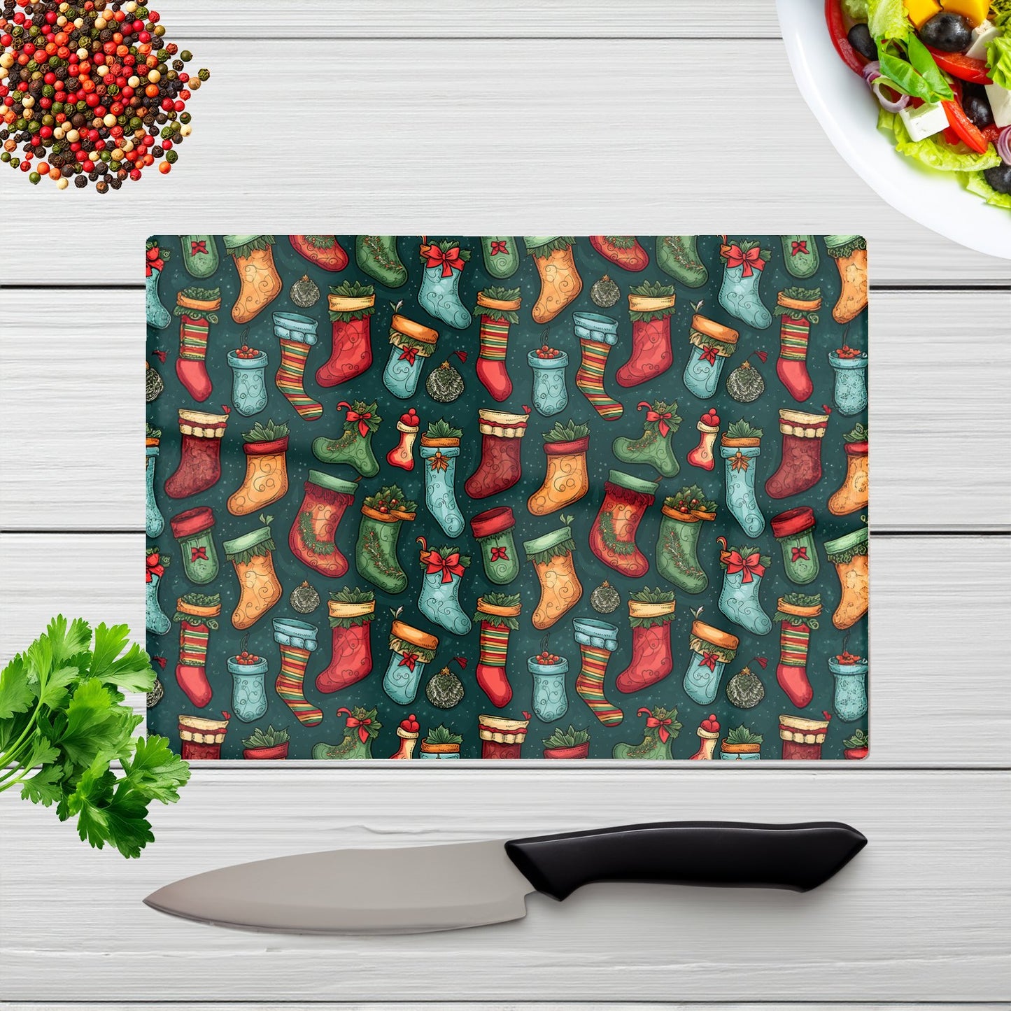 Christmas Stockings Glass Chopping Board